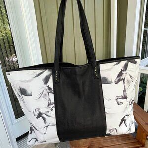 French Connection Leather and Canvas Horse Print Large Tote